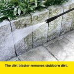 Load image into Gallery viewer, Pressure washer cleaning a stone wall with text 'The dirt blaster removes stubborn dirt.'