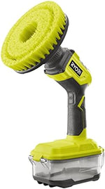 Load image into Gallery viewer, A Ryobi cordless brush attachment with a lime green and black handle, a large lime green bristle pad, and a clear water collection container on a white background.