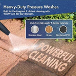 Load image into Gallery viewer, Heavy-duty pressure washer cleaning brick pavers outdoors, with a blue text banner at the top describing 1600W and 130 Bar strength, and a material inset showing stainless steel, brass, and reinforced PVC.