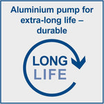Load image into Gallery viewer, A square graphic with the text 'Aluminium pump for extra-long life – durable' above a circular arrow and the words 'LONG LIFE' in blue and light blue on a light gray background.