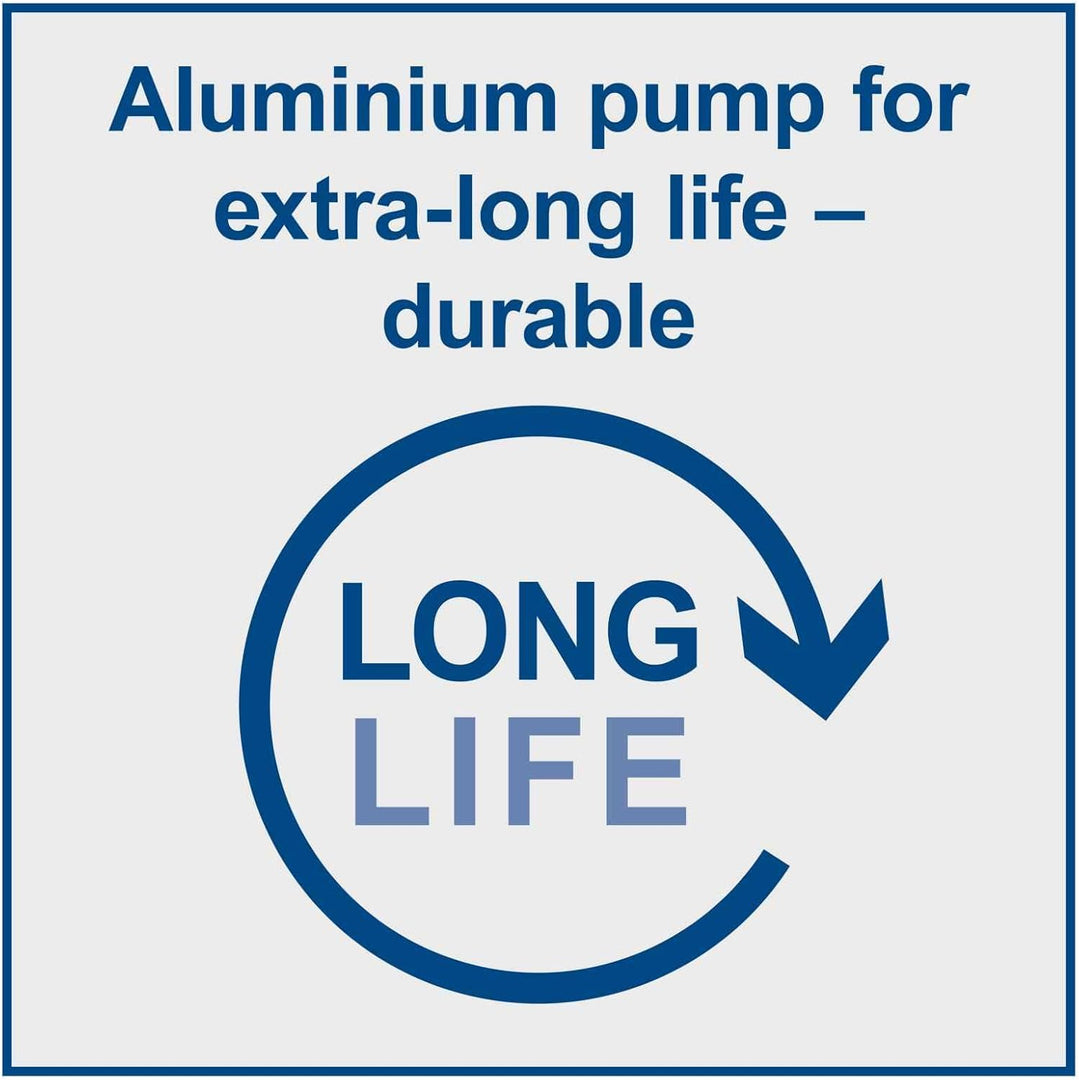 A square graphic with the text 'Aluminium pump for extra-long life – durable' above a circular arrow and the words 'LONG LIFE' in blue and light blue on a light gray background.