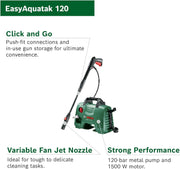 Bosch EasyAquatak 120 pressure washer shown on a white background with feature callout text including 'Click and Go', 'Variable Fan Jet Nozzle', and 'Strong Performance'.