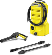 Kärcher high-pressure washer kit with a bright yellow pressure washer unit, black coiled hose, black spray wand, and two long black nozzles on a white background.