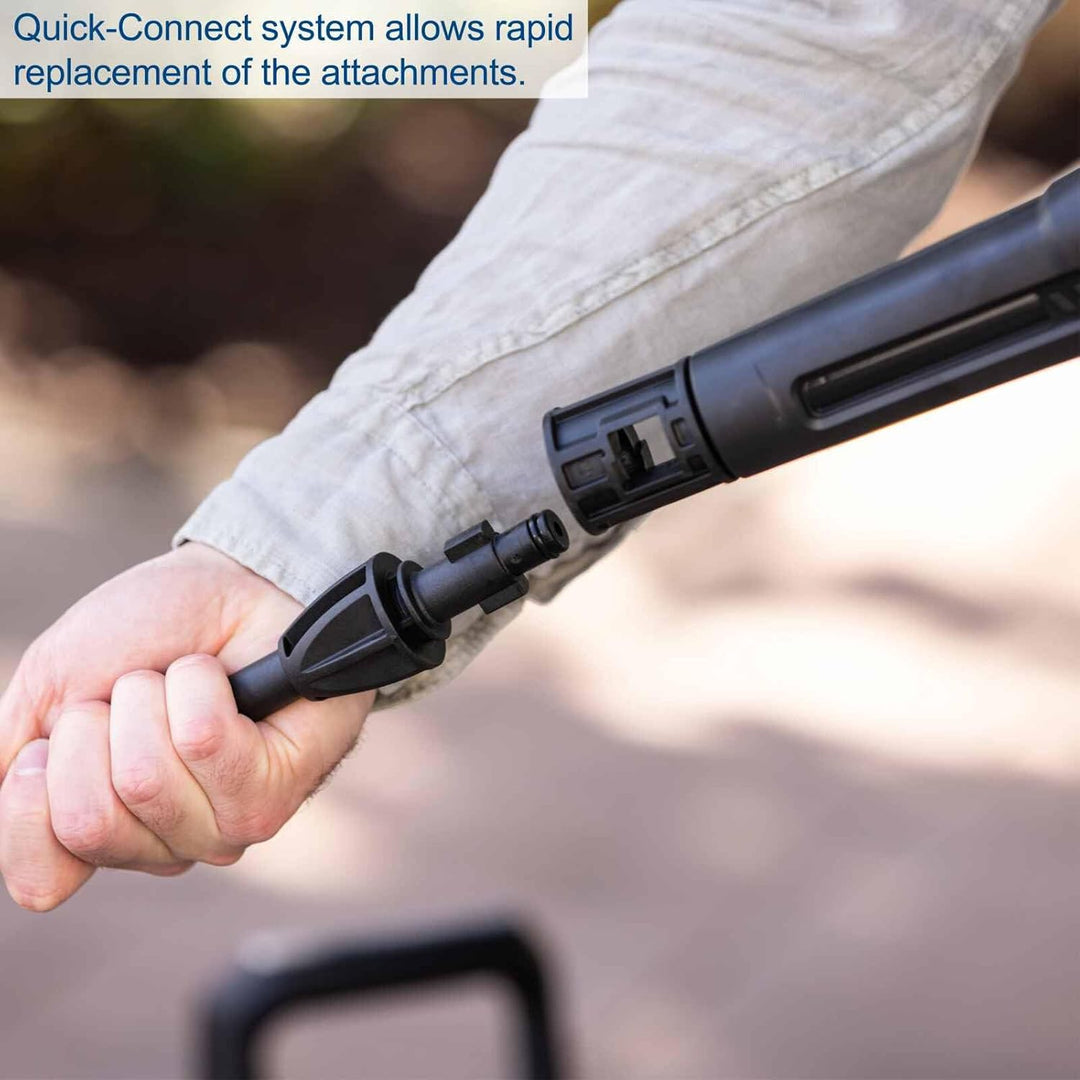 Person holding a black quick connect tool with text in French about quick changes of nozzles and accessories.