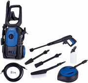 A high-pressure water cleaner kit with a blue and black pressure washer, multiple black attachment nozzles, a black hose, a white spray bottle, a brush, and a blue-and-black cleaning pad, shown on a plain white background.