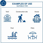 Load image into Gallery viewer, A blue and white graphic showing six icon examples labeled Yard, Construction site, House, Pool, and Patio under the heading 'EXAMPLES OF USE SUITABLE FOR'.