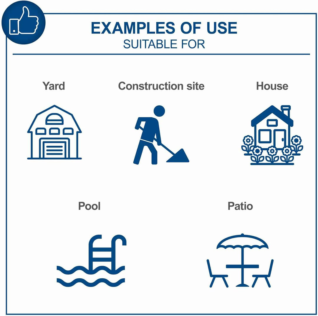 A blue and white graphic showing six icon examples labeled Yard, Construction site, House, Pool, and Patio under the heading 'EXAMPLES OF USE SUITABLE FOR'.