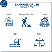 A blue and white graphic showing six icon examples labeled Yard, Construction site, House, Pool, and Patio under the heading 'EXAMPLES OF USE SUITABLE FOR'.