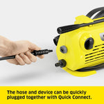 Load image into Gallery viewer, Yellow pressure washer with a hand plugging in a black hose on a white background