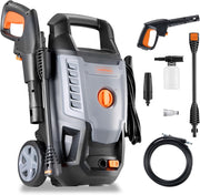 Pressure washer with various attachments on a white background