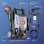 Load image into Gallery viewer, A cordless pressure washer with accessories arranged on a blue background, labeled with callouts including the easy grip handle, cable tidy and 5m power cord, quick connect spray gun, middle lance, jet foam bottle, turbo nozzle, wheels, transparent water inlet screw, and 5m hose.