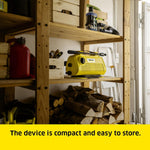 Load image into Gallery viewer, Yellow device on a wooden shelf with tools and firewood in a workshop setting.