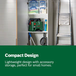 Load image into Gallery viewer, Storage cabinet with tools and supplies against a tiled wall, labeled 'Compact Design'.