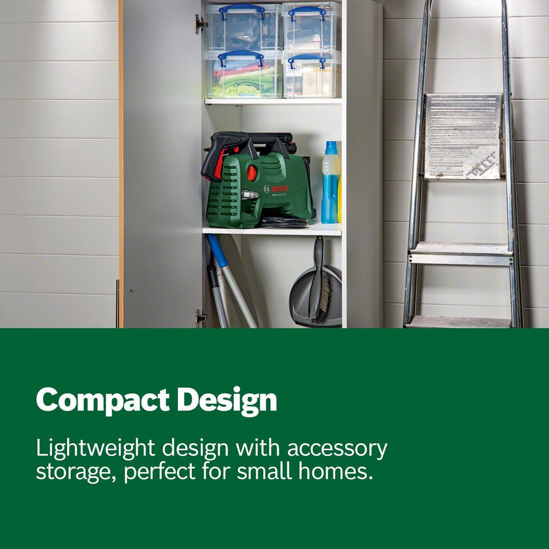 Storage cabinet with tools and supplies against a tiled wall, labeled 'Compact Design'.