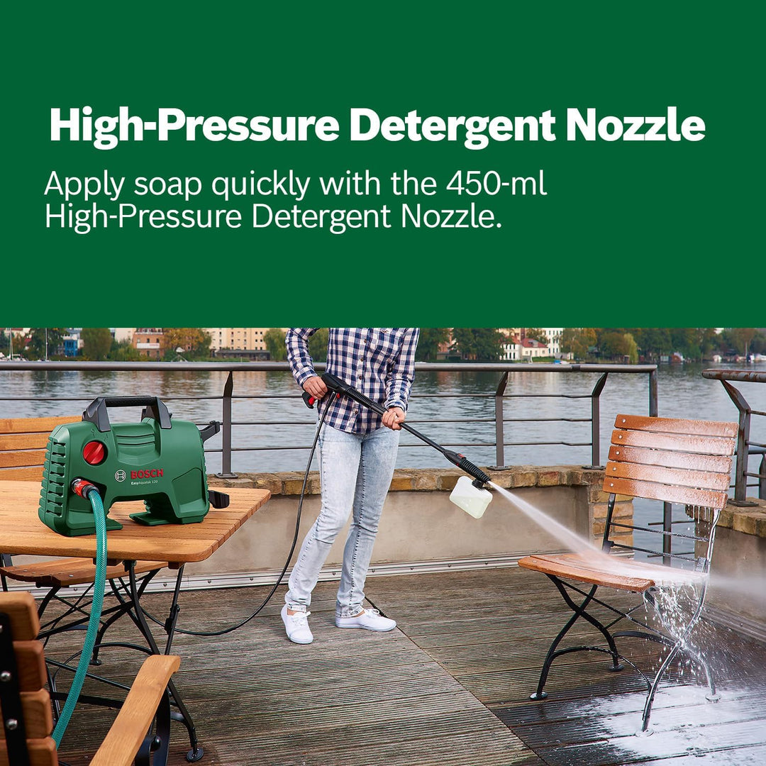 Person using a high-pressure detergent nozzle to clean outdoor furniture with a green background and text about the product.