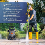 Load image into Gallery viewer, A man in a gray t-shirt, black work pants, and yellow rubber boots is pressure-washing a tiled patio with a high-pressure washer wand. On the left, a dark blue informational panel lists product features like pressure, flow, quick connect design, hose length, and cable length.