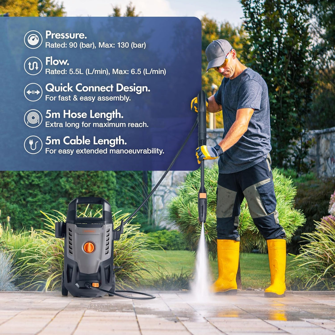 A man in a gray t-shirt, black work pants, and yellow rubber boots is pressure-washing a tiled patio with a high-pressure washer wand. On the left, a dark blue informational panel lists product features like pressure, flow, quick connect design, hose length, and cable length.
