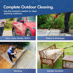 Load image into Gallery viewer, A 4-panel promotional graphic for an outdoor pressure washer. The top banner reads 'Complete Outdoor Cleaning.