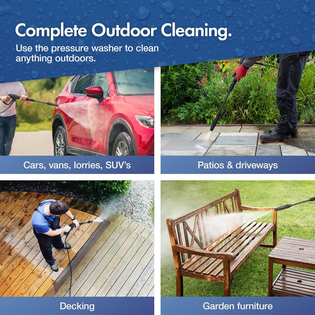 A 4-panel promotional graphic for an outdoor pressure washer. The top banner reads 'Complete Outdoor Cleaning.