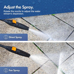 Load image into Gallery viewer, Instructional graphic showing a high-pressure water spray gun on a stone patio, with text explaining how to adjust the nozzle for direct spray and fan spray modes.